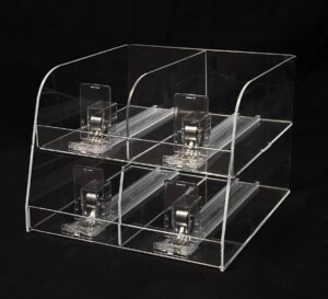 Akryylinen tuoteteline työntäjillä